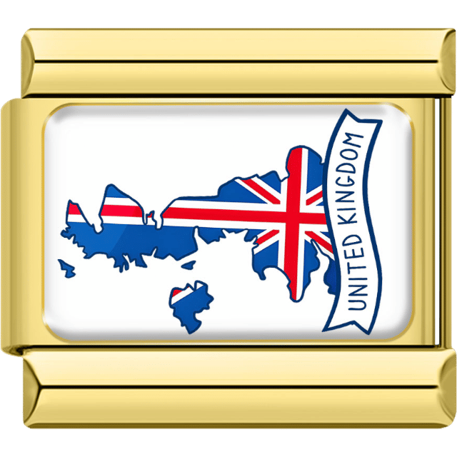Gold-bordered Italian charm with the map of the United Kingdom in the Union Jack flag colors and a banner that says “United Kingdom.”